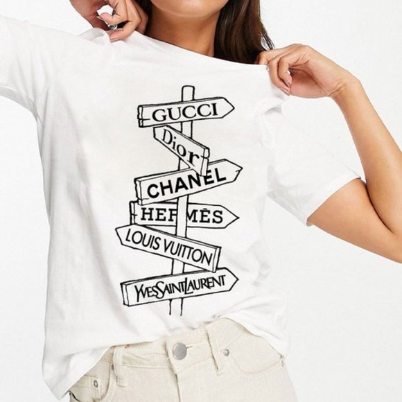 NEW White Fashion Designer Street Sign Logo Graphic Tee 100% Cotton T Shirt Top - Picture 3 of 6